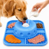 Classic pattern blue slow feeder tray in use