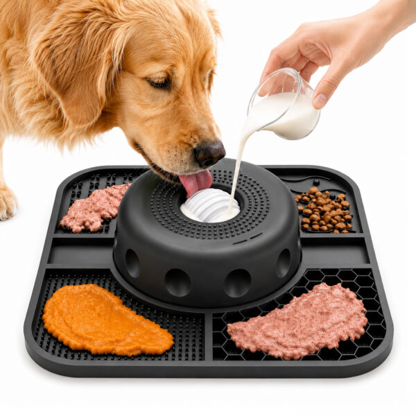 Rolling slow feeder bowl pro with square tray in use